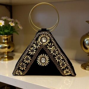 Elegant velvet BlackA+Gold beaded Embellished clutch w/ O-Rings handles. India